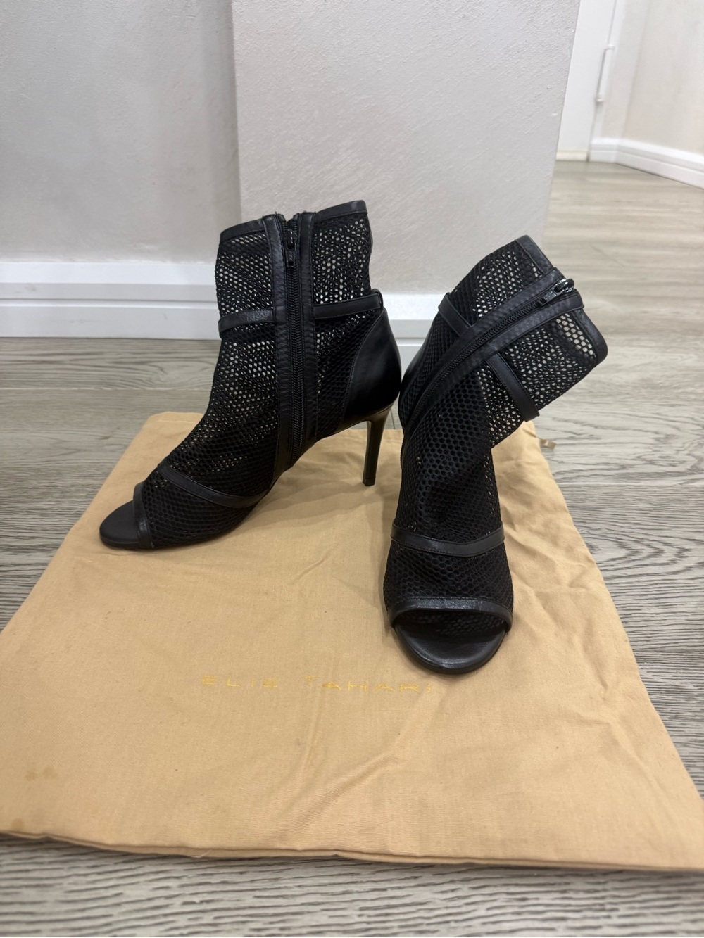 Elle Tahari Black Mesh Peep-Toe Stiletto Ankle Boots - Women